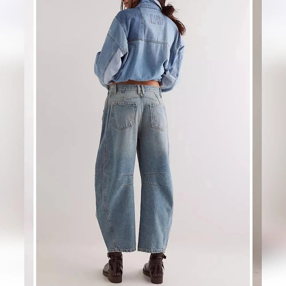 Free People Good Luck Barrel Jeans Mid Rise Distressed Relaxed Kismet 28 NWOT - Picture 3 of 15